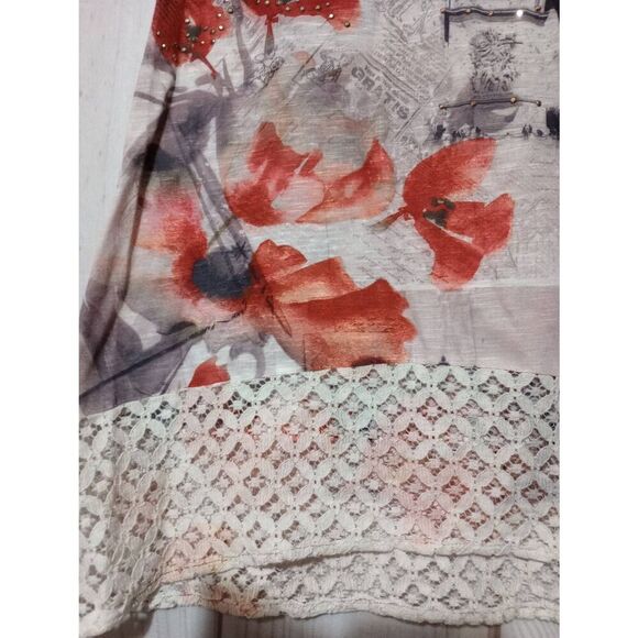 Ransom Shirt Ladies Medium Gray Red Floral Short Sleeve Paris Embellished Lace T - Picture 4 of 7